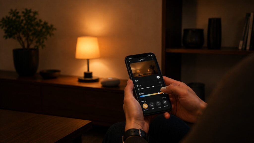スマートフォンの照明アプリで、明るさと色温度を調整しているところ。奥のテーブルランプが電球色に灯っている