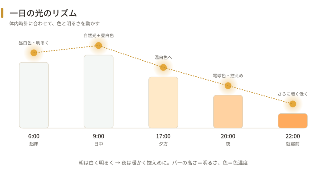 一日の光のリズム:朝=昼白色・明るく/日中=自然光/夜=電球色・控えめ/就寝前=さらに暗く低く