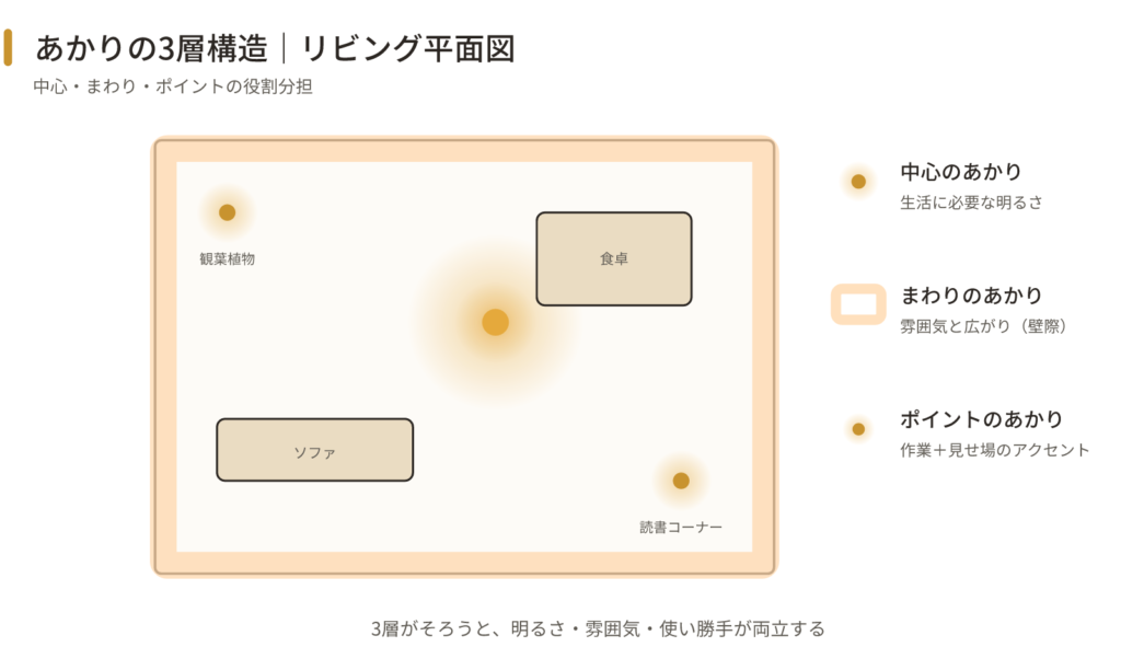 リビング平面図に3層を色分けして配置した概念図