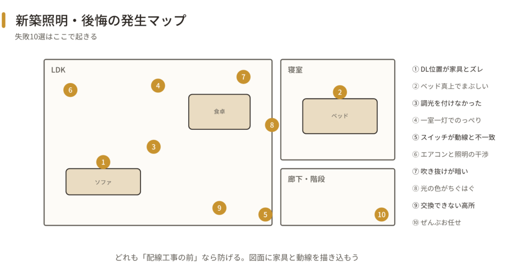 新築照明の後悔が起きる場所を示した間取り図。LDK・寝室・廊下階段に①〜⑩の失敗ポイントを配置し、⑥はエアコンと照明の干渉をLDKの壁際上部で示す