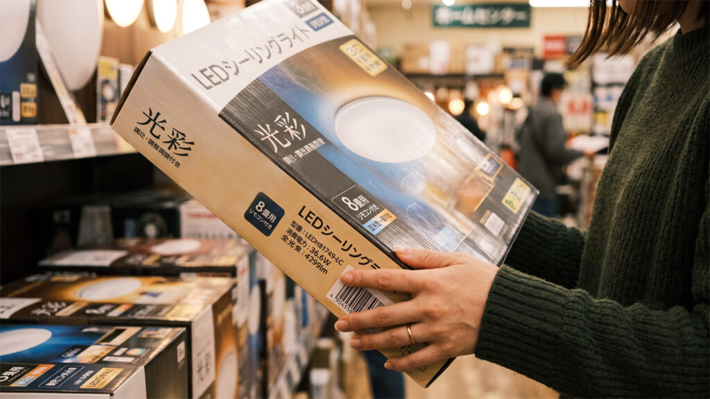 照明売り場で、8畳用と表示されたLEDシーリングライトの箱を手に取っているところ