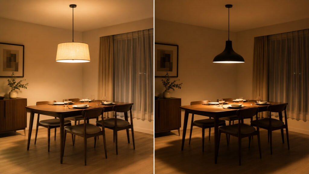 シェードのちがいで光の出方を比べた写真。左の布シェードは部屋全体がふんわり明るく、右の金属シェードは食卓の上だけを照らす