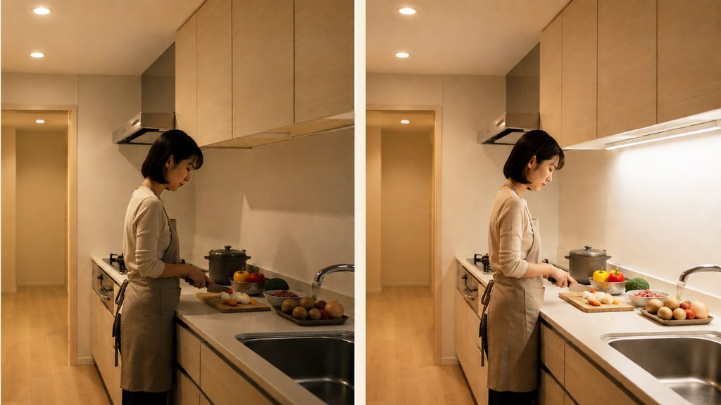 後付けの手元灯の効果を比べた写真。左は吊戸棚下の照明がなく手元に影が落ち、右は手元灯を付けて調理台が明るい