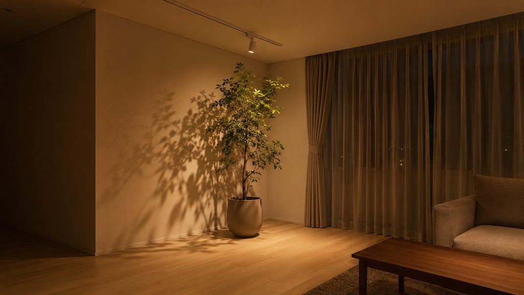 ダクトレールのスポットライトで観葉植物を照らし、壁に葉の影を映した部屋