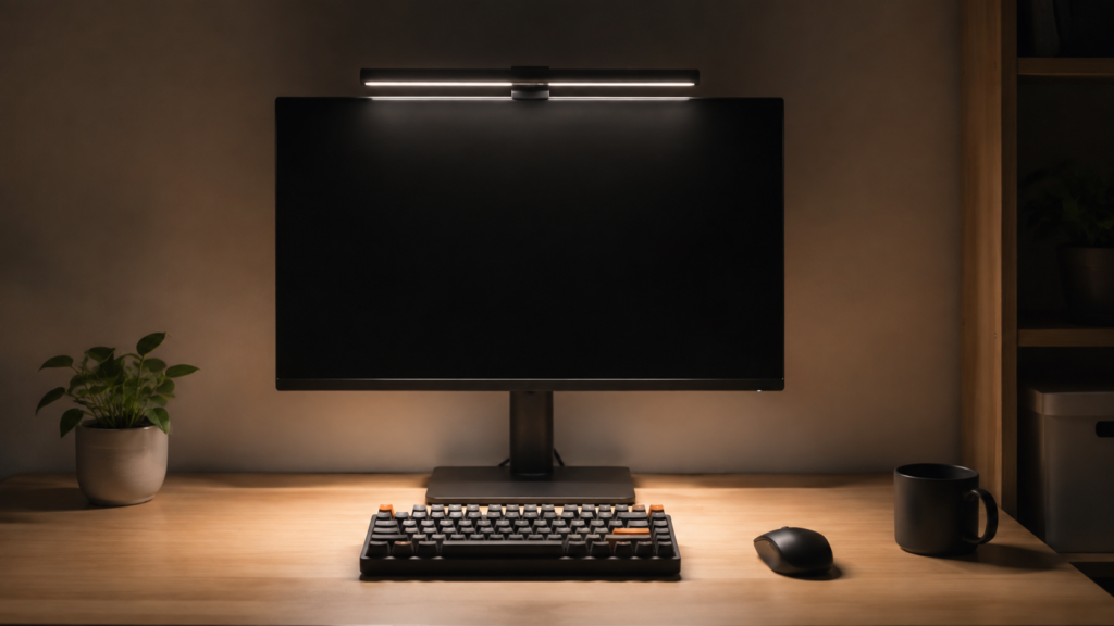 モニター上部のスクリーンバーがキーボードと机上を照らしている